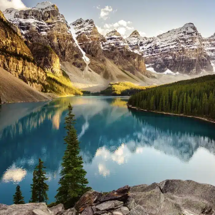 A stunning glacier lake in the Rocky Mountains of Canada.